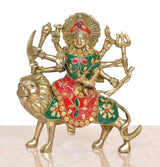 Durga Maa brass figurine riding lion, red-green decorated garment, detailed crown