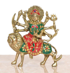 Durga Maa brass figurine riding lion, red-green decorated garment, detailed crown