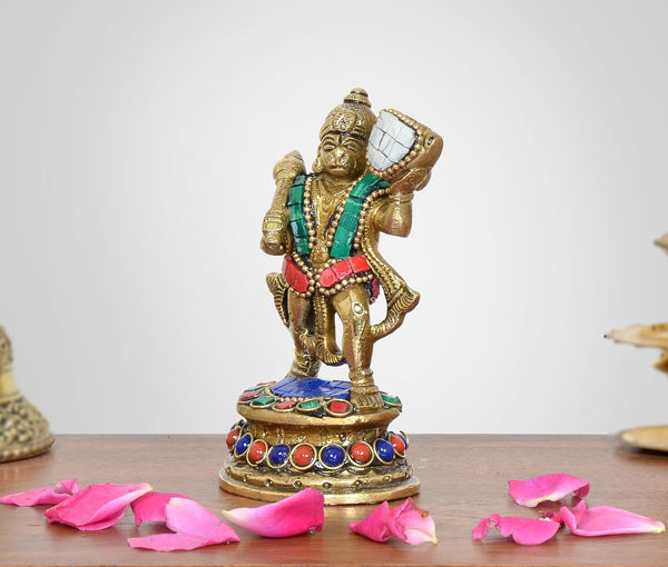 Brass Anjaneya Pavan Putra Bajrangbali Hanuman with Mountain Murti (Height :4 inch) Study Setting