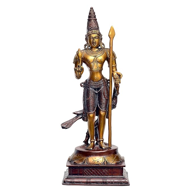 16-inch brass Lord Kartikeya statue, front stance with raised spear and detailed armor