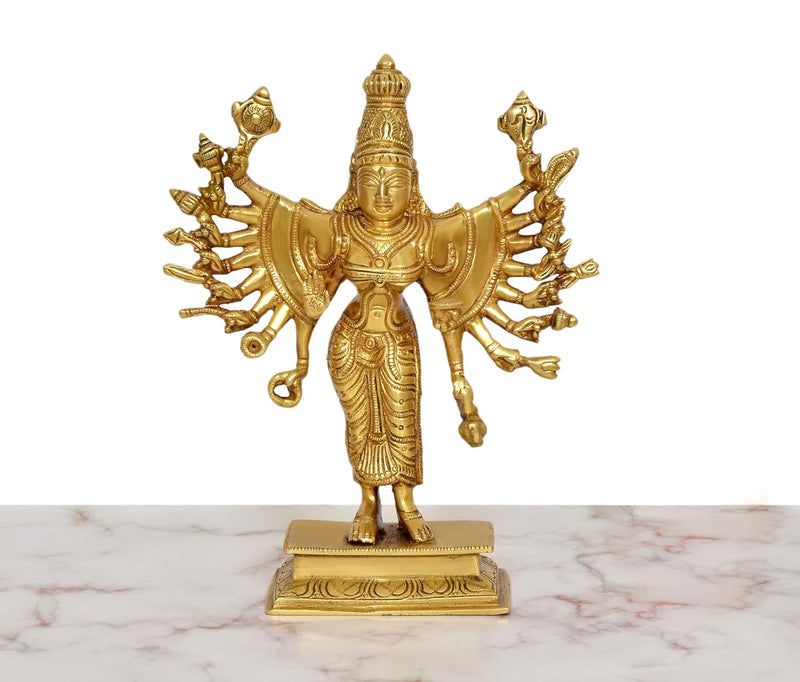 Brass Chamundeshwari Devi Standing with Eighteen Hands Idol (Height :8 inch)