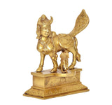 Brass Kamadhenu cow statue with wings, full view on carved base, pooja home decor