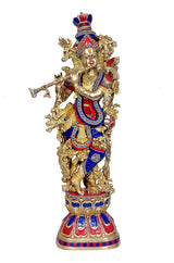 Radha-Krishna brass Murti statue front view, standing figure with gold and blue-red accents
