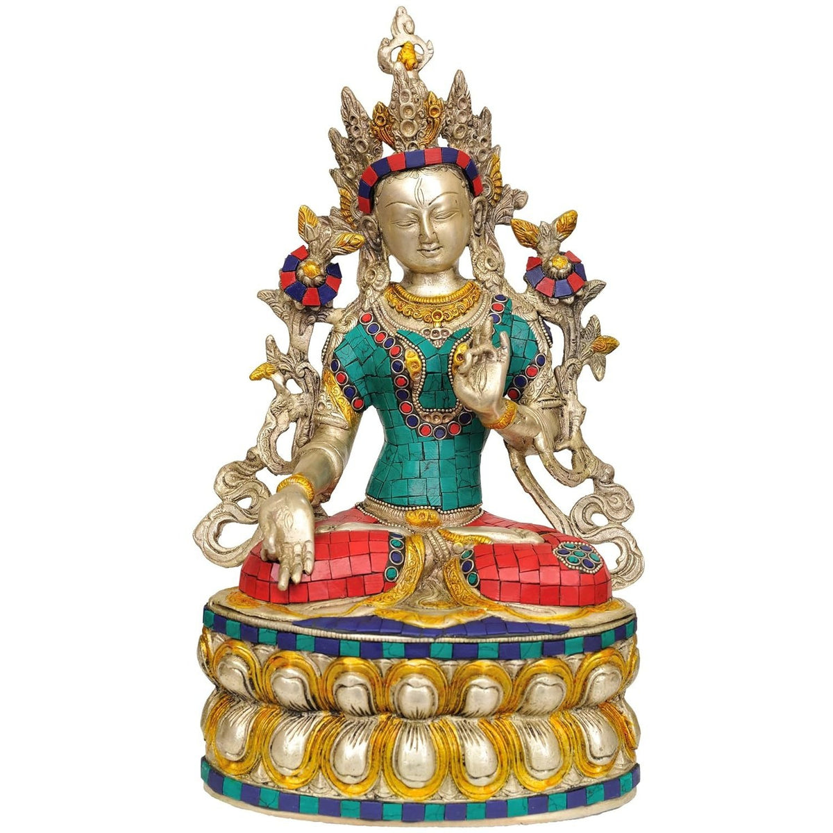 White Tara brass deity statue, seated figure with turquoise robe and red halo accents