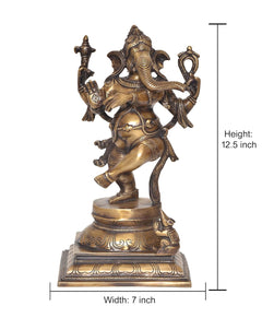 Brass dancing Ganesha statue: height 12.5 in, width 7 in, ornate pedestal