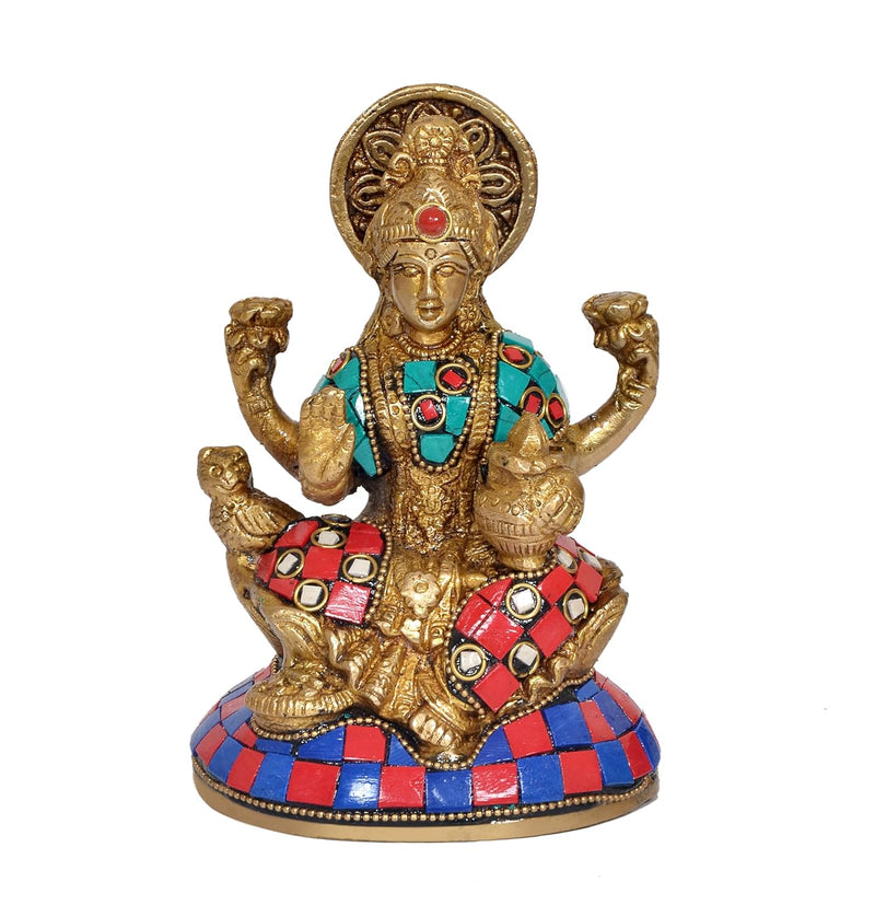 Brass Goddess Lakshmi with Beautiful Stone Work (Height: 5 Inch)