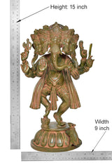 गणेश मूर्ति माप: Height 15 inch, Width 9 inch; नृत्य मुद्रा, पीतल-रंग और रंगीन सजावट