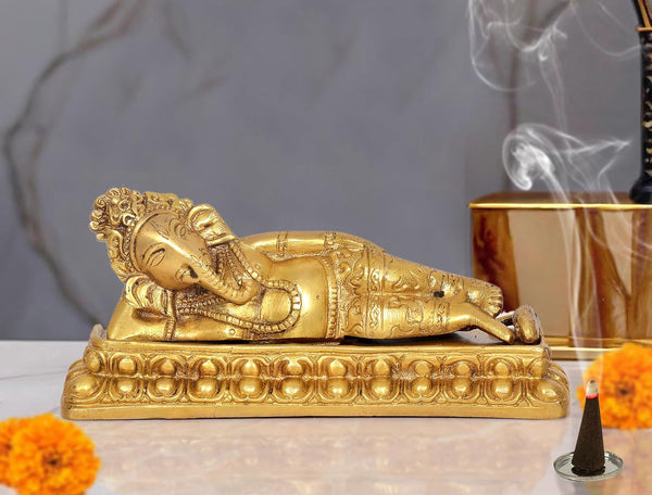 Brass Relaxing Ganesha Statue for Home Decor Mandir Pooja Showpiece Statue (Height 3.5 Inch)