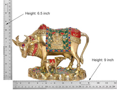 Brass Kamdhenu cow with calf showpiece, height 6.5 inch (decor statue size)