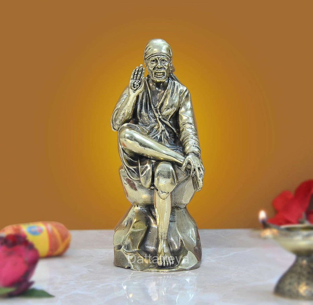 Brass Shirdi Sai Baba statue, seated pose, raised blessing hand, 6 inch