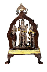 Brass Ram Darbar statue rear view with canopy and four arched attendants, gold base