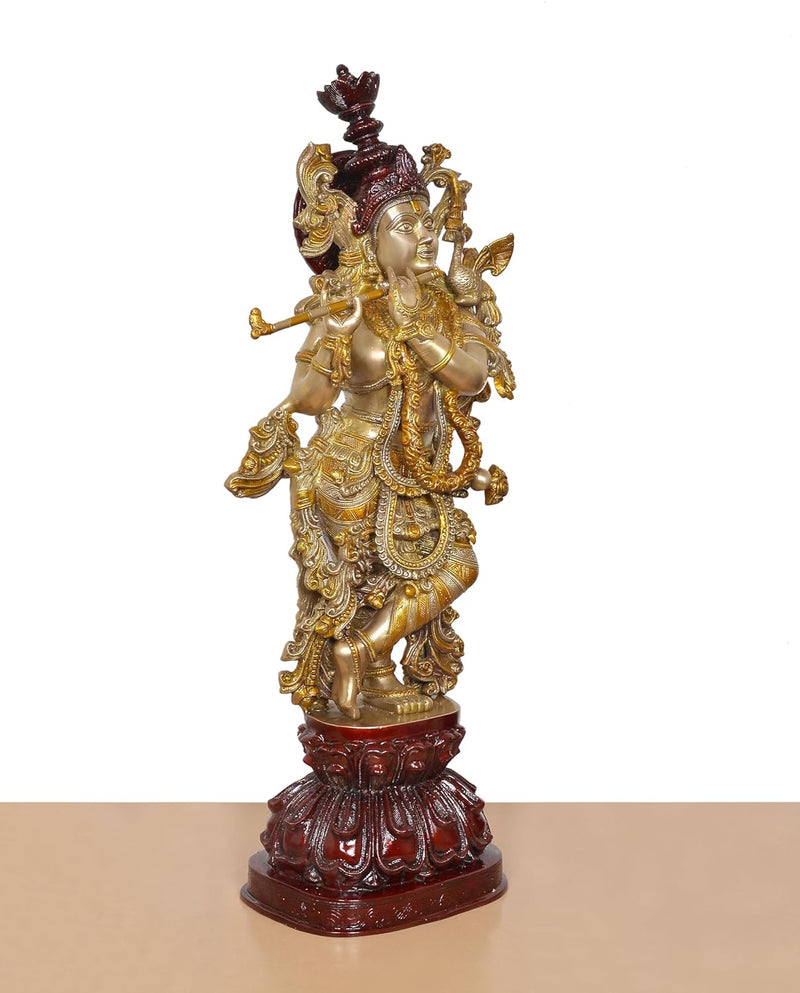 Brass Big Size Lord Krishna Idol Playing Flute (Height 37 Inch)