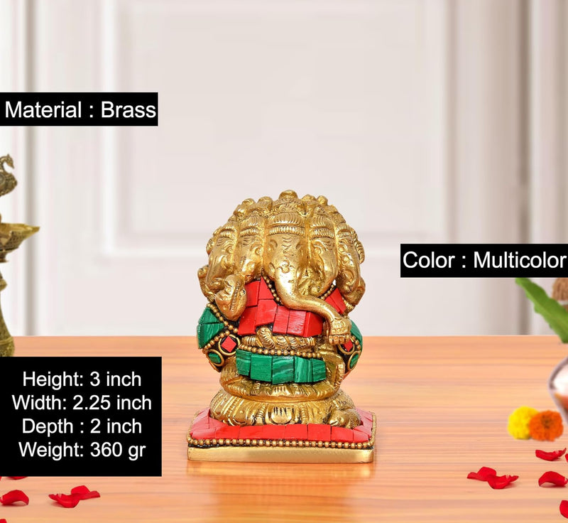 Brass Golden Panchmukhi Ganesha Sitting Murti (Height: 3 inch)