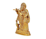Brass Radha Krishna statue, side view of Krishna with flute and detailed robes