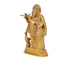 Brass Radha Krishna statue, side view of Krishna with flute and detailed robes