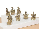 Brass Lakshmi idol set of 8, seated Lakshmi figures with detailed jewelry
