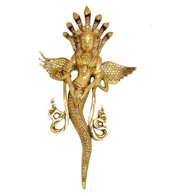 Brass Naga Kanya idol statue, front view, coiled serpent body with ornaments