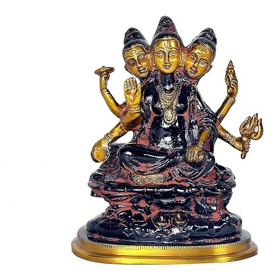 AONA brass seated Dattatreya idol, three faces, hands raised, 6.4 in