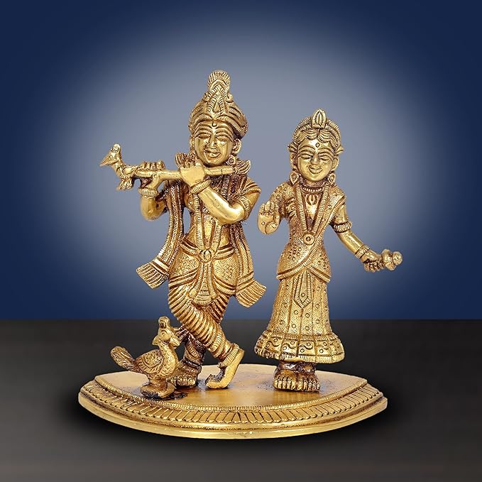 Brass Radha-Krishna idol statue, two figures on round base, 6 inch height