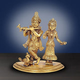 Brass Radha-Krishna idol statue, two figures on round base, 6 inch height
