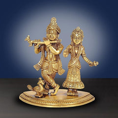 Brass Radha-Krishna idol statue, two figures on round base, 6 inch height