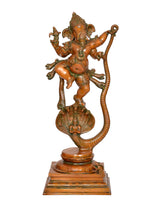 Brass Ganesha dancing on serpent Shesha idol, full figure on square pedestal base