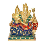 Brass Shiv Parivar statue: family group on base, green and red jewel-toned clothing