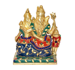 Brass Shiv Parivar statue: family group on base, green and red jewel-toned clothing