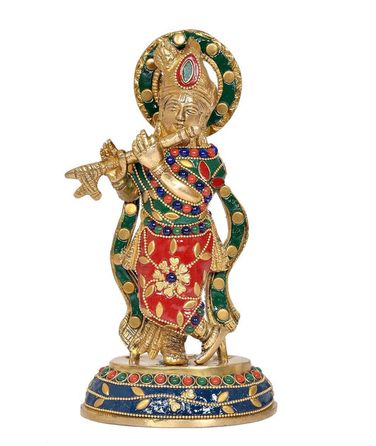 Brass Lord Krishna Idol Statue Sculpture for Home Office Temple Gift Showpiece, (Height 8 Inch)