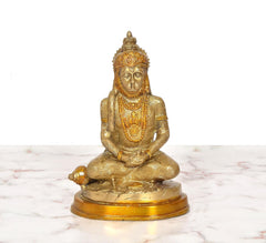 Brass Hanuman hand-carved meditating idol, seated, detailed face and chest ornaments