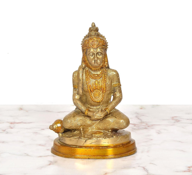 Brass Hanuman Hand Carved Meditating Idol (Height: 7.5 Inch)