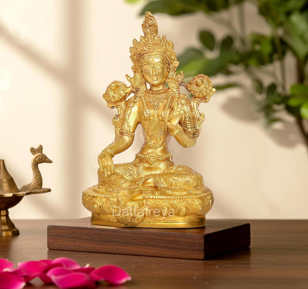 Brass Sitting Tara Devi Statue Tibetan Buddhist Deity (Height: 8.5 Inch)