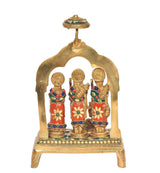 Brass Ram Darbar idol from front, three tall figures with turban details and canopy