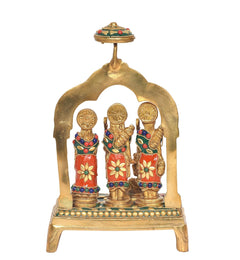 Brass Ram Darbar idol from front, three tall figures with turban details and canopy
