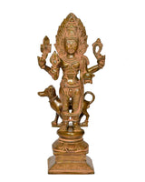 Brass Kal Bhairava idol front view, raised weapons and ornate crown on base