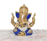 Brass Ganpati Bappa Murti, 6 inch, seated pose with raised hands and ornate crown