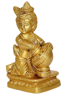 Brass Laddu Gopal Makhan Chor idol, detailed face and seated form, 4.5 in