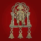 Bronze Panchmukhi Hanuman wall idol with three hanging bells, full figure front view.
