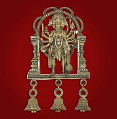 Bronze Panchmukhi Hanuman wall idol with three hanging bells, full figure front view.