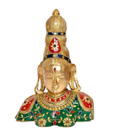 Brass Parvati bust statue facing front, green garment with red-and-blue motifs