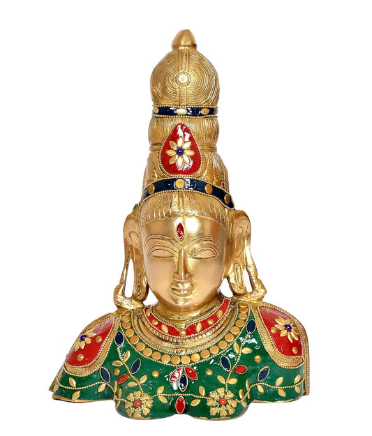 Brass Goddess Parvati Bust Statue for Home Decor Pooja Mandir (Height 10 Inch) (Green Red)