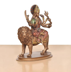 Angled view: Durga Maa resin idol on lion, detailed crown and hand poses