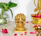 Brass Panchmukhi Ganesha idol, five-faced figure on square base