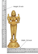 Brass Lakshmi deepam diya dimensions: height 8 in, width 3.8 in, gold-tone
