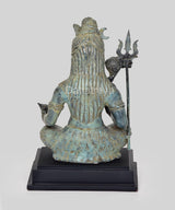Vintage bronze Shiva statue from behind, turquoise patina, seated with trident and carved hair texture