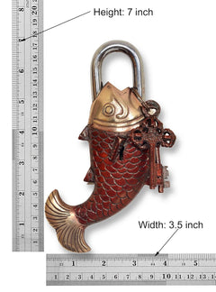 Fish-shaped padlock ornament with red scales and brass shackle; height 7 in, width 3.5 in