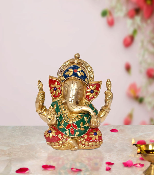 Brass Lord Ganesha Idol Ganesh Statue Decorative Sculpture for Home Decor Office Mandir Pooja Showpiece (Height 5.5 Inch) (Ganesha Multicolor)