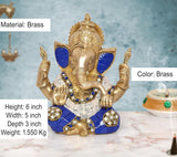 Brass Ganpati Bappa Murti, 6 inch, front view with blue ear panels and ornaments