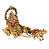Brass Ganesha chariot statue with long chain, mouse at front, green-red accents