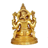 Brass Ganesha statue idol back view on round engraved base, gold-tone finish